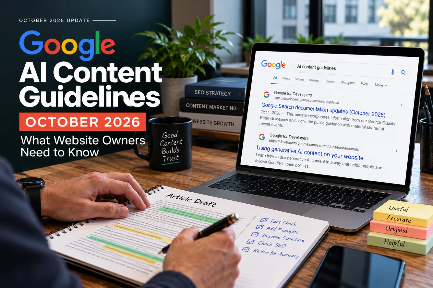 Editor reviewing AI-assisted website content alongside Google Search guidance
