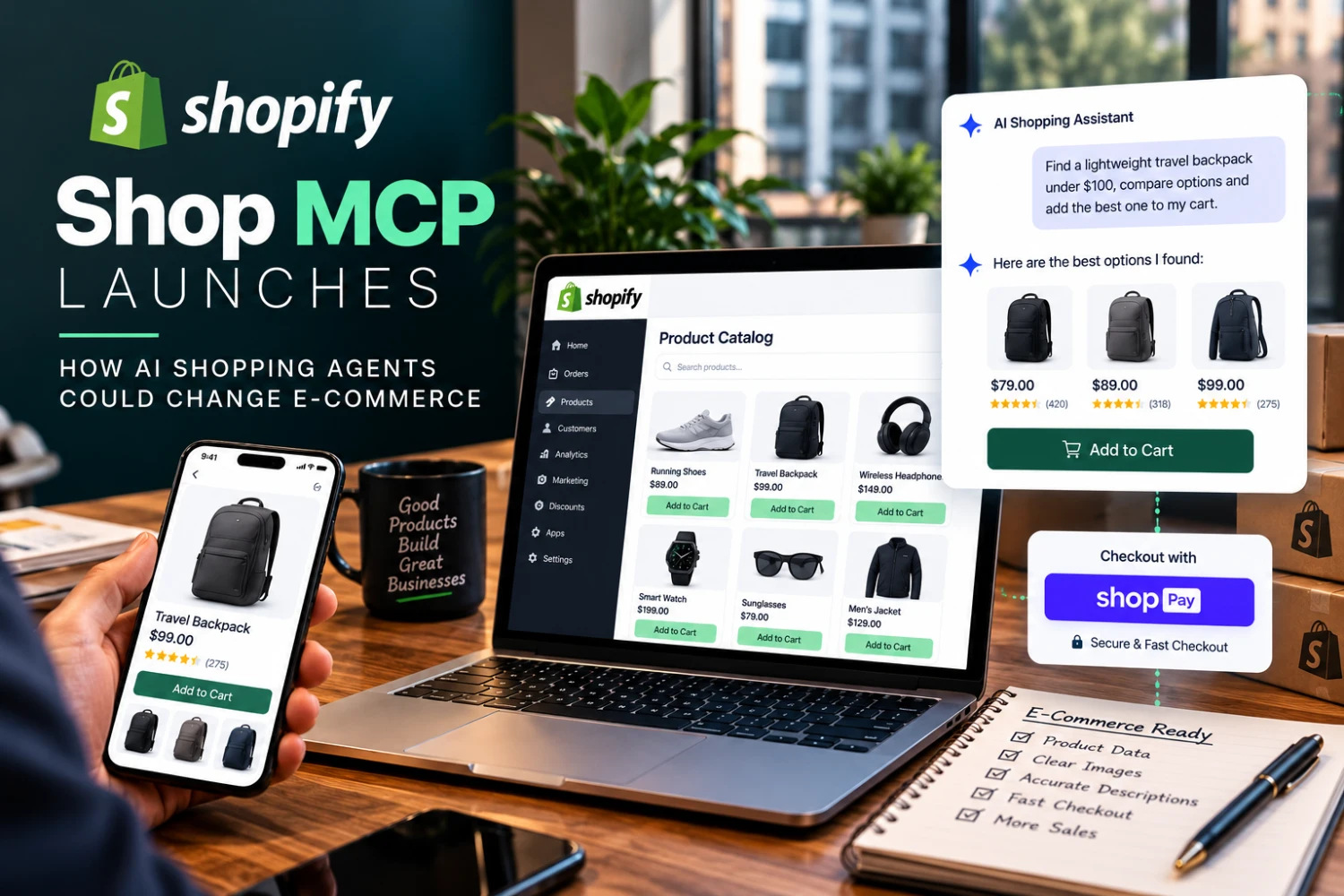 AI shopping assistant connected to a Shopify product catalog and checkout